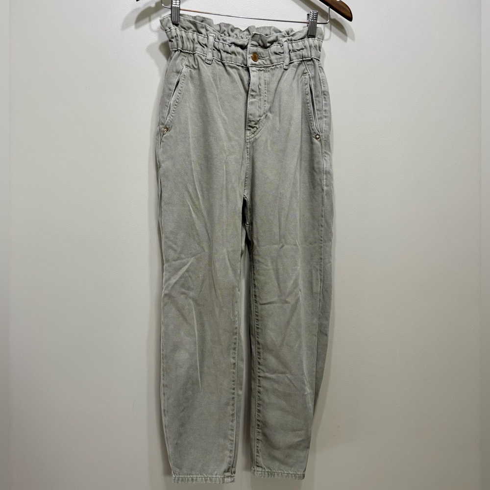 Zara Paperbag Boyfriend Relaxed High Rise Ruffle Waist Denim Jeans Pants Green